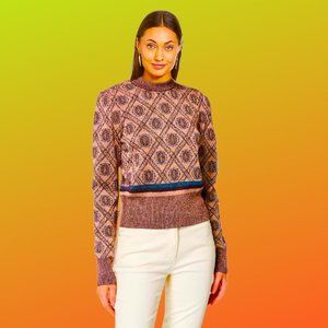 KATHIE K Wool Blend Auburn Multi Color Metallic Thread Sweater Excellent Size XL